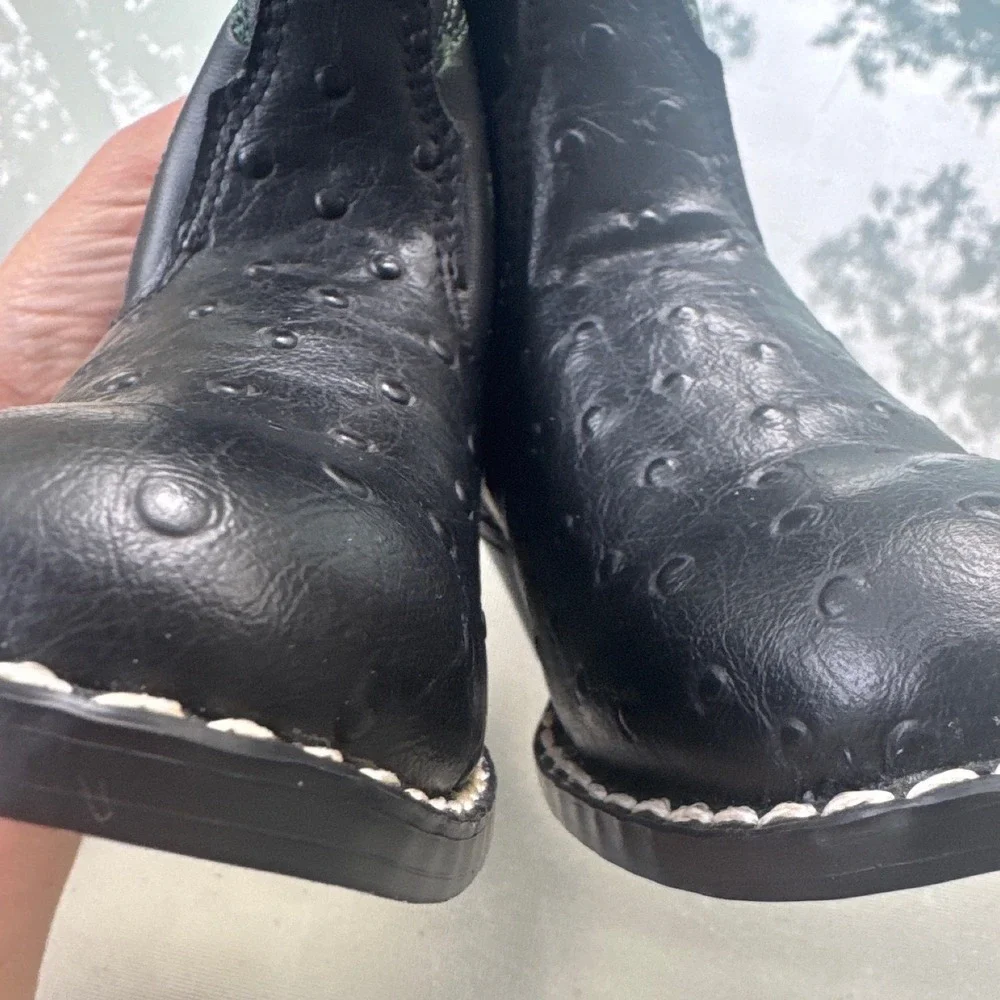 Old West Cowboy Boots Kids 9.5 Black Ostrich Print Western OR9110